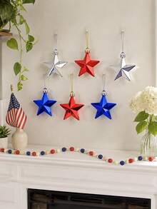 6pcs Patriotic Star Pendant, Red Blue Silver Pentagram Pendant, Independence Day Theme Decoration, American Style Party Decoration, Bright Star Pendant, Festival Atmosphere Decoration, DIY Tree Pendant, Party Supplies, Suitable For Home Wall, Window And Ceiling Decoration, Summer Celebration Event Decoration, Indoor And Outdoor Party Photography Props - Multicolor-a - View 5