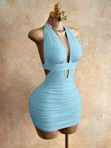 Vestido mini sexy de fiesta con cuello halter y lazo de unicolor para mujer - Azul - Ver 6