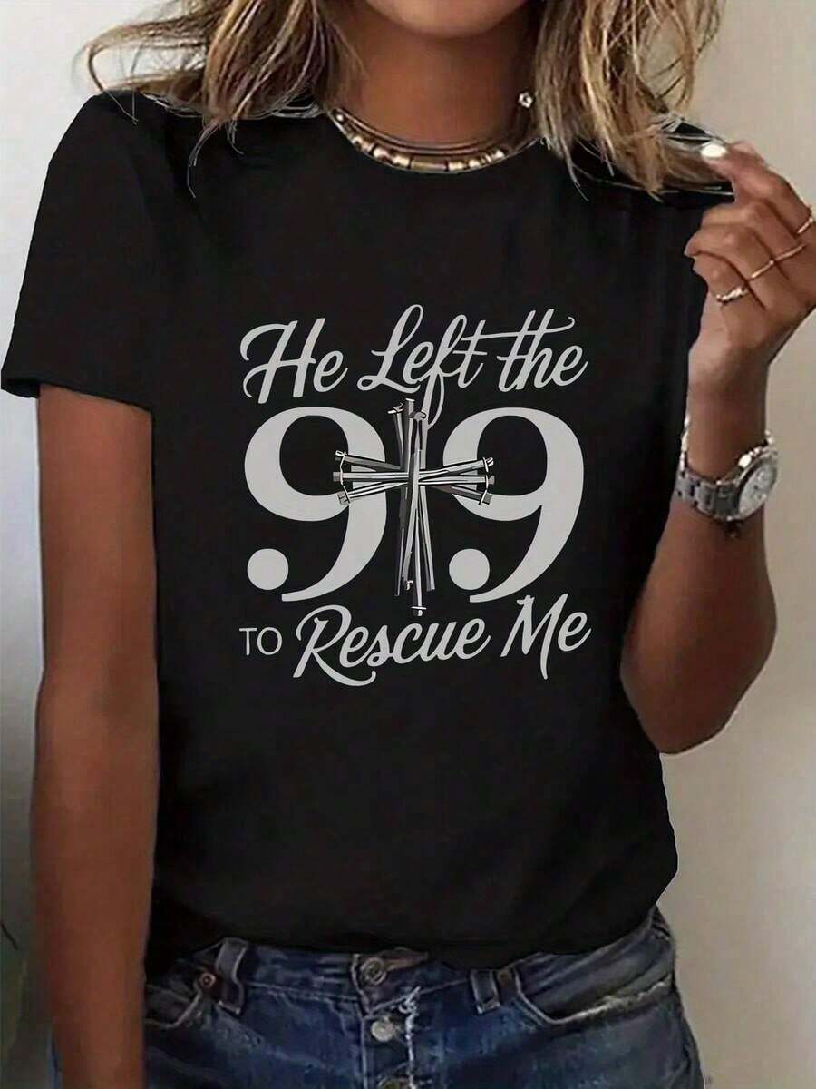 Women's Christian Faith T-Shirt - Design With Bible Verse "He Left The 99 To Rescue Me" And Cross And 99 Print - Soft Crew Neck, Casual For Everyday Wear And Church - Christian T-Shirts For Ladies 2026 - 黑色 - 查看 1