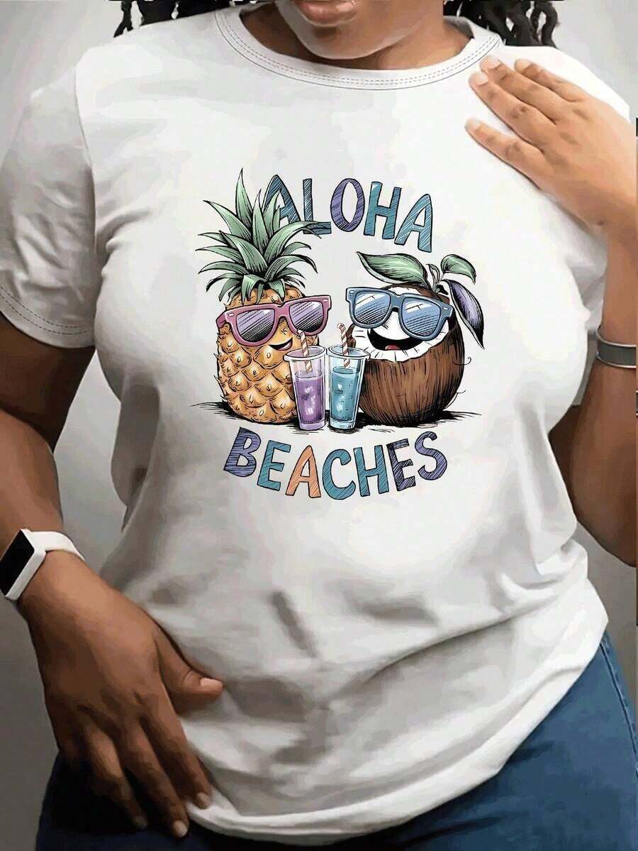 1 Piece Women's Plus Size Short Sleeve Casual T-Shirt - Aloha Beaches Pineapple And Coconut Tropical Graphic Print, Crew Neck, Machine Washable, For Summer Vacation And Casual Wear, Beach T-Shirt, Relaxed Fit Top, Fun Print Shirt, All Season Fabric 2026 - 白色 - 查看 1