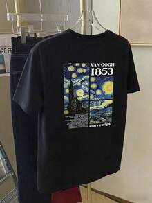 女士休闲T恤，饰有致敬梵高名作《星夜》和1853数字图案，夏季黑色 - 黑色 - 查看 9