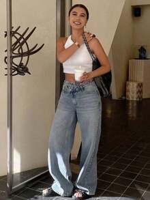 Jeans rectos de cintura baja con banda de cintura elegante para mujer - Lavado ligero 2 - Ver 8