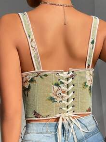 Camiseta corta de verano para mujer con estampado floral y contraste de color con lazo en la espalda - Verde - Ver 2