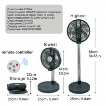 7200mAh USB Rechargeable Portable Folding Fan, 12-Hour Battery Life, Remote Control Included, Telescopic, Handheld, Automatic 90° Rotation, Digital Display, Suitable For Room, Living Room, Rest Area, Office, Outdoor Essential Cooling Fan, Easy Storage - Taiwanese - View 8