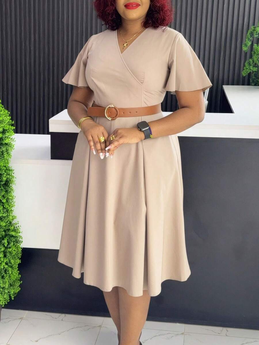 Women's A-Line Casual Dress, New Summer Collection European-American Style, V-Neck And Puff Sleeves - 卡其色+腰帶 - 查看 1