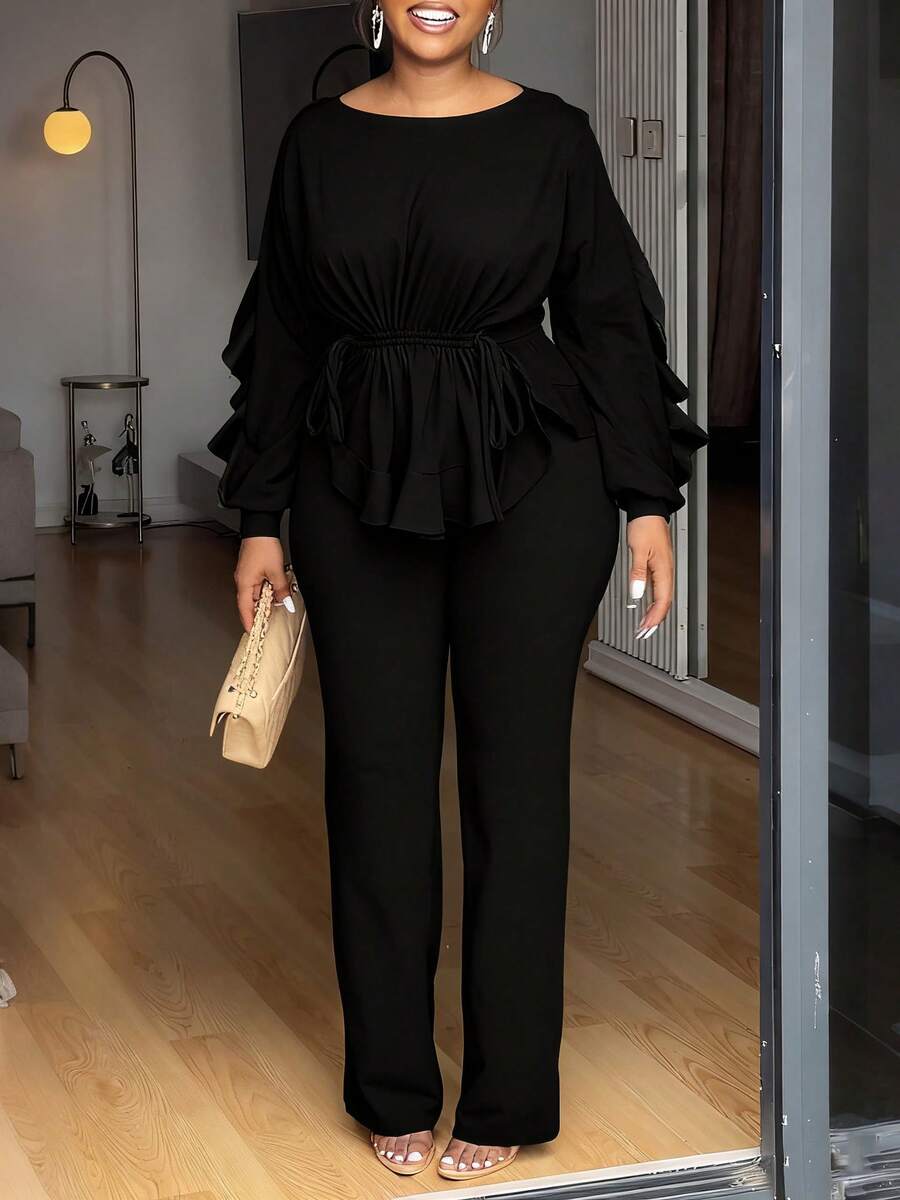 Conjunto de dos piezas elegante europeo y americano de invierno, con volantes, cordón ajustable, manga larga y corte ceñido a la cintura - Negro - Ver 1