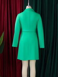 Vestido blazer de doble botonadura, color liso, manga larga, corte ceñido, estilo oficina, nueva colección otoño-invierno estilo europeo-americano - Verde - Ver 2
