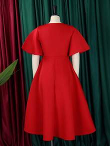Women's Elegant European And American Style Evening Dress 2026, New Design, V-Neck, Puff Sleeves And Full Hem Skirt - 紅色 - 查看 2