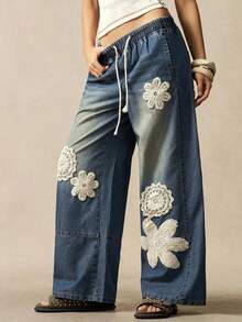 Jeans anchos de pierna ancha de unicolor tejidos informales para mujer - Azul - Ver 4