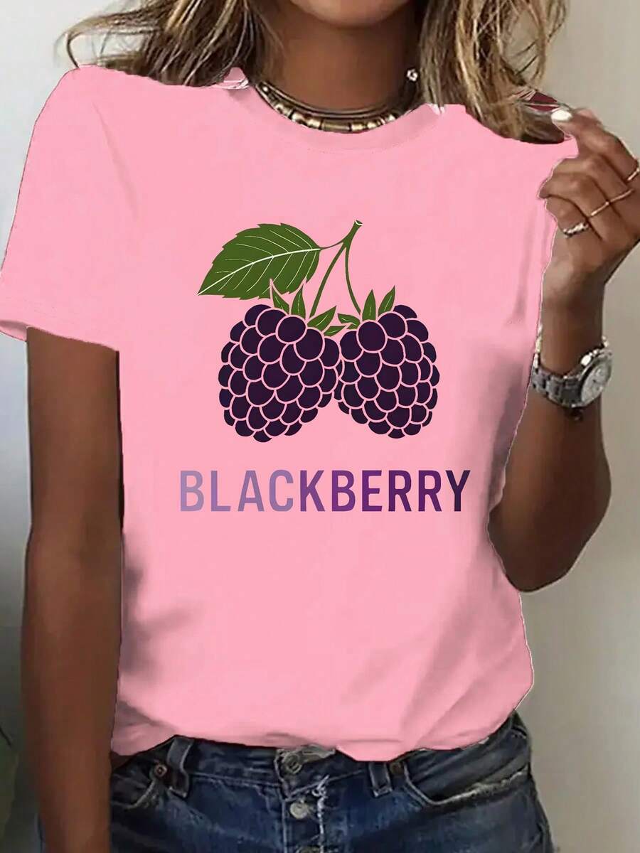Plus Size, Women's Oversized T-Shirt With Blackberry Fruit Print - Casual Round Neck Blouse Suitable For Autumn/Winter, Machine Washable, Ideal For Casual And Berry Themed Outfits. - 粉色 - 查看 1
