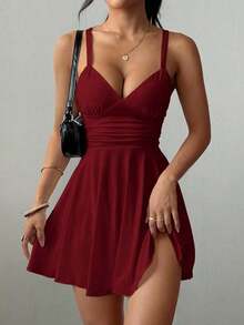 Vestido corto de punto sexy y elegante con escote en V, cintura fruncida y tirantes finos para mujer - Burdeos - Ver 7