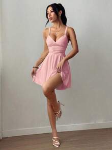 Vestido corto de punto sexy y elegante con escote en V, cintura fruncida y tirantes finos para mujer - Rosa - Ver 3