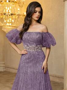 UNITHORSE [Random Print] Women's Off-Shoulder Short Sleeve Fitted Applique Ruched Evening Dress - Purple - View 5