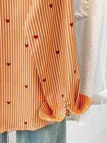 Blusa de mujer con cuello polo, estampado de corazones y rayas - Camisa casual de manga larga con botones, adecuada para uso diario en primavera, verano y otoño - Naranja - Ver 9
