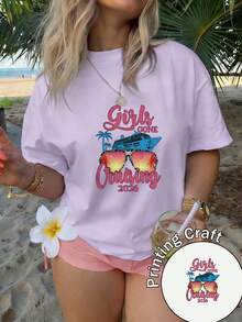 Camiseta de mujer verano 2026 con estampado de crucero y gafas de sol, manga corta, estilo casual para viajes y uso diario - Morado - Ver 1