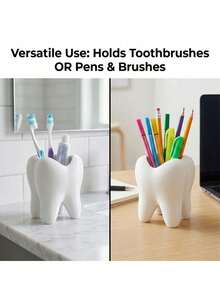 Creative & Fun Toothbrush Holder, Large White Tooth-Shaped Toothbrush Cup, Desktop Storage Decorative Ceramic Container For Toothbrush, Toothpaste, Planter, Vase, Bathroom Supplies. Ideal For Bathroom Decor In Back-To-School Season - White - View 5