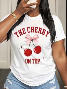 1 Piece "The Cherry On Top" T-Shirt With Pink Bow And Red Cherry Design For Women, Casual Summer Wear, Fun And Eye-Catching T-Shirt For Valentine's Day, Birthday Party Or Daily Wear, 180g 100% Cotton. - 白色 - 查看 7