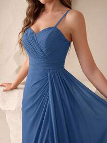 UNITHORSE Vestido de dama de honor de gasa con tirantes finos, cintura fruncida y abertura para boda - Neblina azul - Ver 5