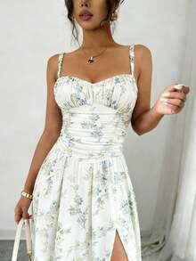 Floral Print Bohemian Twist High Slit Zipper Front Dress, Suitable For Wedding, Spring/Summer Vacation - Blue and White - View 5