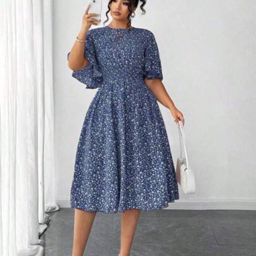Elenzya Plus Size Women Ditsy Floral Round Neck Ruffle Sleeve Waist A-Line Midi Dress, Elegant Outdoor Wear - Azul - Ver 1