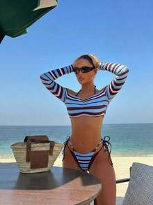Conjunto de 3 piezas de traje de baño negro y blanco para mujer, conjunto de traje de baño casual y sexy de 3 piezas para resort de playa, conjunto de traje de baño de 3 piezas para mujer, Bottom de traje de baño para mujer, conjunto de playa negro y blanco para mujer - Multicolor 3 - Ver 3