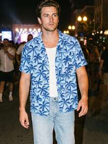 Men's Hawaiian Shirt Palm Tree Print Hawaiian Shirt Short Sleeve Casual Button Down Beach Shirt For Summer Vacation - 淺色水洗藍 - 查看 4