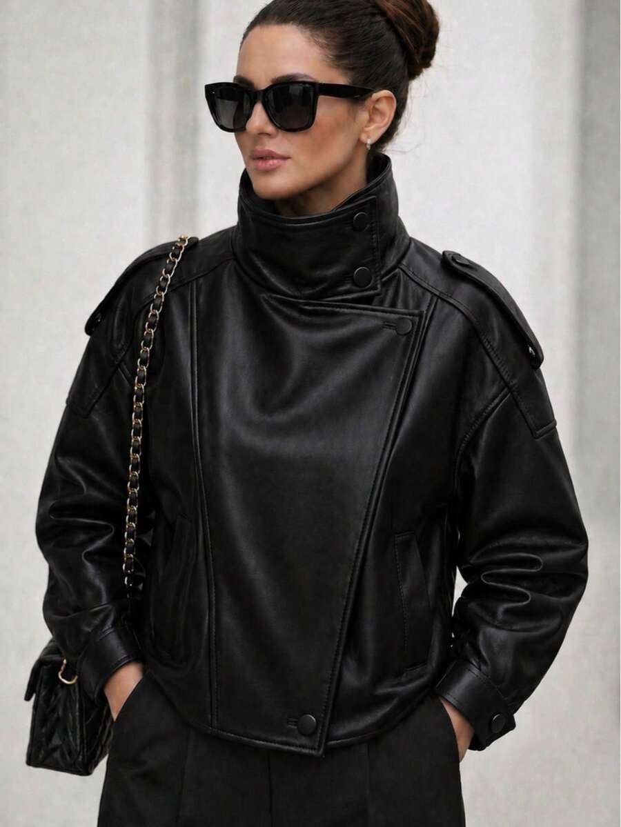 Women's Short Faux Leather Jacket, Modern And Elegant Style, For Winter - Black - View 1