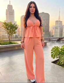 Set Includes A Tie-Front Top With Adjustable Straps And High-Waisted Wide-Leg Pants. Elegant And Comfortable Emily Brand. Casual Sets For Vacations And Offices. Suitable For All Seasons. - Salmao - View 1