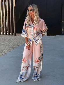 2 piezas Conjunto casual y de fiesta para mujer, que incluye camisa con cuello y decoración de botones y pantalones de pierna ancha para verano - Rosa - Ver 7