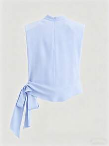 ZAHM Elegant Jacquard Satin Sleeveless Collared Top With Tie Waist, Summer - Baby Blue - View 8