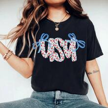1 camisa Coquette USA, camisa del 4 de julio para mujer, camisas con la bandera de Estados Unidos de estrellas y rayas, camisa patriótica floral, rojo, blanco y azul, 180g 100% algodón, los diseños están impresos. Unisexo. - Blanco - Ver 3