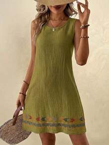 Vestido casual de verano para vacaciones en la playa, de algodón y lino con textura, color albaricoque, sin mangas y corte recto para mujeres - Verde - Ver 8