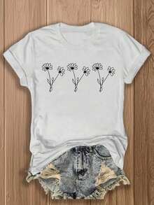 1 Piece, Three Pack Women's Short Sleeve Crew Neck T-Shirts, Vintage Casual Sporty Style, With Heart And Flower Print, 180g, 100% Cotton, Designs Are Printed. Unisex. - 白3 - 查看 12