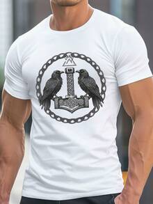 Camiseta Casual de Manga Corta con Cuello Redondo y Motivo Inspirado en los Nórdicos para Hombres, TALLA GRANDE - Negro - Ver 7