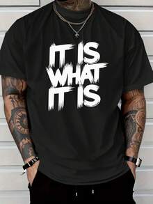 Soft, Breathable Crew Neck T-Shirt. IT IS WHAT IT IS. Men's Red Print T-Shirt - Casual Short-Sleeve Crew Neck T-Shirt With A Bold Print, Comfortable For All Seasons, Machine Washable, And With A Simple Cut. Versatile Short-Sleeve Print T-Shirt With A Relaxed Fit And Slimming Effect. - 黑色 - 查看 3