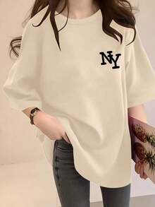 Camiseta de manga corta con cuello redondo y estampado de letras LOVE, diseño holgado, para mujer, de la colección Black Artist Collaboration, top casual de verano, diseño elegante y cómodo, adecuada para salidas informales. 100% algodón. - Albaricoque - Ver 1