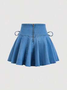Knot Side Pleated Denim Skirt - Lavado ligero - Ver 2