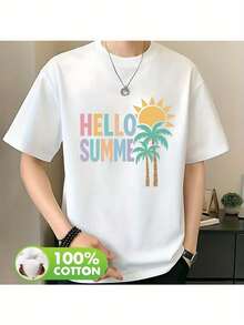 Camiseta con estampado frontal, HELLO SUMMER, Camiseta clásica con estampado de saludo de verano, Artículo de moda puro, Unisex, Clásica y versátil, Transpirable y cómoda, Camiseta Y2k. - Blanco - Ver 2