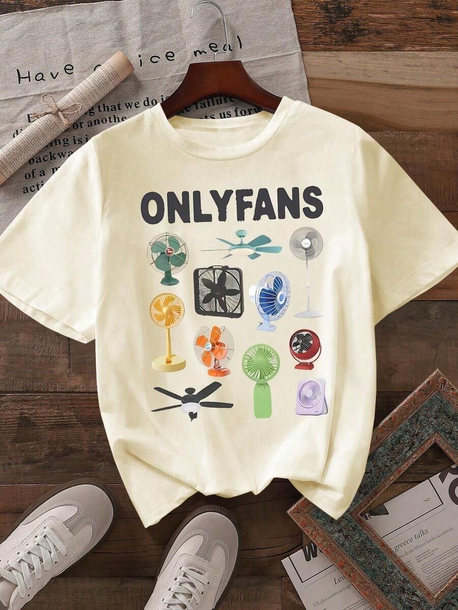 Women's Retro Fan-Shaped Print Round Neck Short Sleeve T-Shirt Casual White Summer Blouses For Women Sportswear Y2K Style, Round Neck, 100% Cotton, Soft Fabric, Short Sleeve. - 杏色 - 查看 1