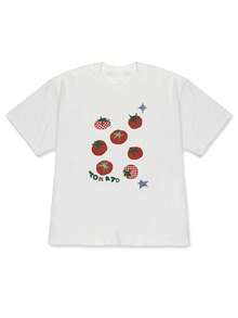 Ropa de mujer, modelo de gran 2026: Camiseta de manga corta para mujer, estilo vintage a cuadros con estampado divertido de tomates, estilo campestre fresco, corte holgado con hombros caídos. Un top casual popular entre los coreanos. - Blanco - Ver 7