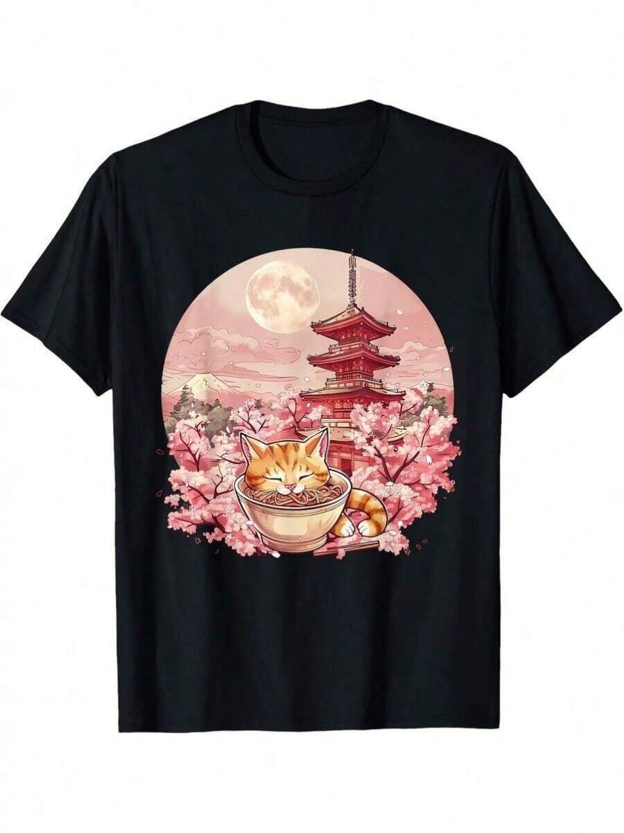 1 pieza Camiseta Cat Pastel Goth Kawa para todas las estaciones, de algodón, con estampado en una sola cara, cuello redondo y manga corta, 180g, 100% algodón, los diseños están impresos. Unisexo. - Negro 72 - Ver 1