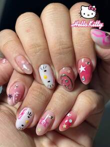 Sanrio Hello Kitty 24片 Y2K 短橢圓法式穿戴甲，可愛 3D 凝膠 Hello Kitty、水鑽、蝴蝶結與愛心裝飾設計，適用於壓克力假指甲組，含 1 片果凍膠與 1 個指甲锉，適合女性與女孩日常及派對使用 - 彩色 - 查看 2
