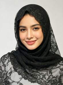 1pc Solid Color Knitted Embroidered Floral Lace Shawl/Scarf - Multicolor - View 2