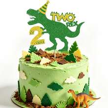 1 pièce/3 pièces Décoration de gâteau d'anniversaire en forme d'œuf de dinosaure, dinosaure vert et or pailleté - Multicolore - Voir 2