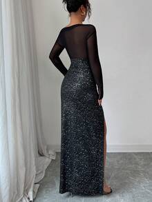 LUNNELUX Women Fall Black Maxi Dress, Off Shoulder Sheer Mesh Long Sleeve High Split Bodycon Gown, Christmas Party Evening Dress - Black - View 2