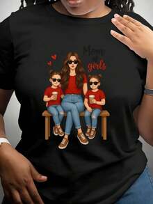 Casual T-shirtCamiseta de mujer camiseta de manga corta negra con patrón de ilustración madre - hija camiseta de cuello redondo suave y glutinoso micro elástico dise?o casual, fresco y transpirable personalidad deslumbrante moda estilo fresco blusa adecuada para el uso diario casual, cómodo y perezoso100% CottonDurable - Negro - Ver 1