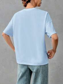 Camiseta holgada de estilo minimalista casual para mujer, con parte delantera corta y parte trasera larga, versátil para usar en la calle, adecuada para primavera y verano - Celeste - Ver 2