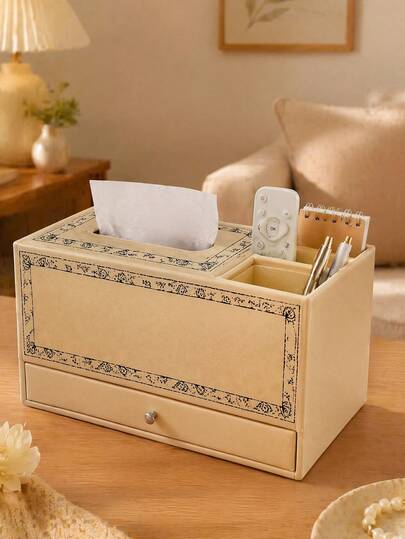 DearDali Hộp đựng khăn giấy đa năng có ngăn kéo, chất liệu da PU chống mài mòn, kiểu dáng Pháp cổ điển, hình vuông có khe cắm bút, thích hợp cho phòng khách, hành lang, bàn cà phê, văn phòng, trang trí nhà cửa, làm quà tặng.
