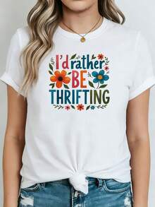 Talla, camiseta de talla para mujer Preferiría estar de compras de segunda mano - Top de manga corta y cuello redondo con eslogan vintage de tienda de segunda mano, blusa casual de primavera verano adecuada para atuendos de compras de segunda mano, vestimenta casual y eventos - Blanco - Ver 1