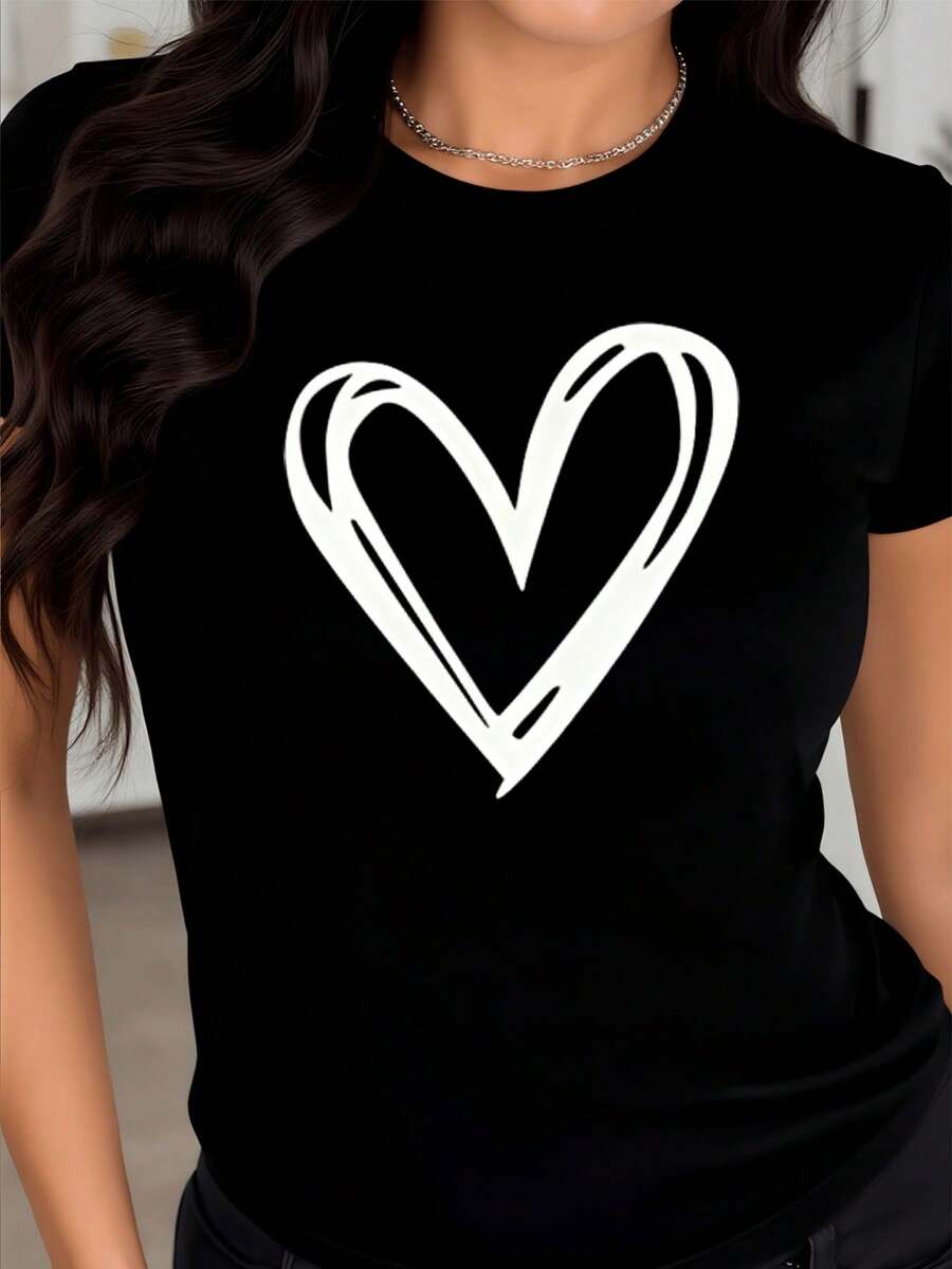 Corazón blanco trazado a mano que representa amor libre sinceridad y energía positiva para quien lo lleva creando un estilo moderno y alegre camiseta de mujer casual ajustada de manga corta elegante para uso diario - Negro - Ver 1
